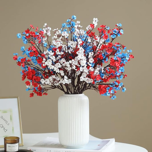 Hananona 10 Pcs 4th of July Flowers Artificial Babys Breath Fake Silk Patriotic Flowers for Independence Day Home Decor Fl...