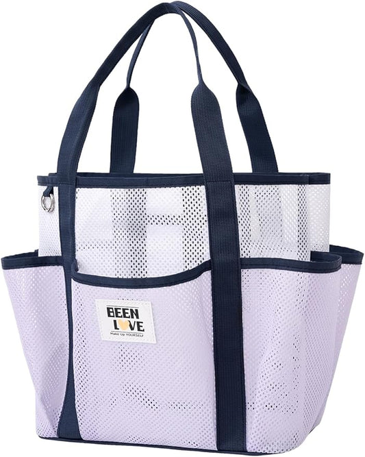 nemeki Mesh Beach Bag for Women Small Beach Tote Bag Sandproof Foldable Swim Pool Bag with 8 Pockets for Travel