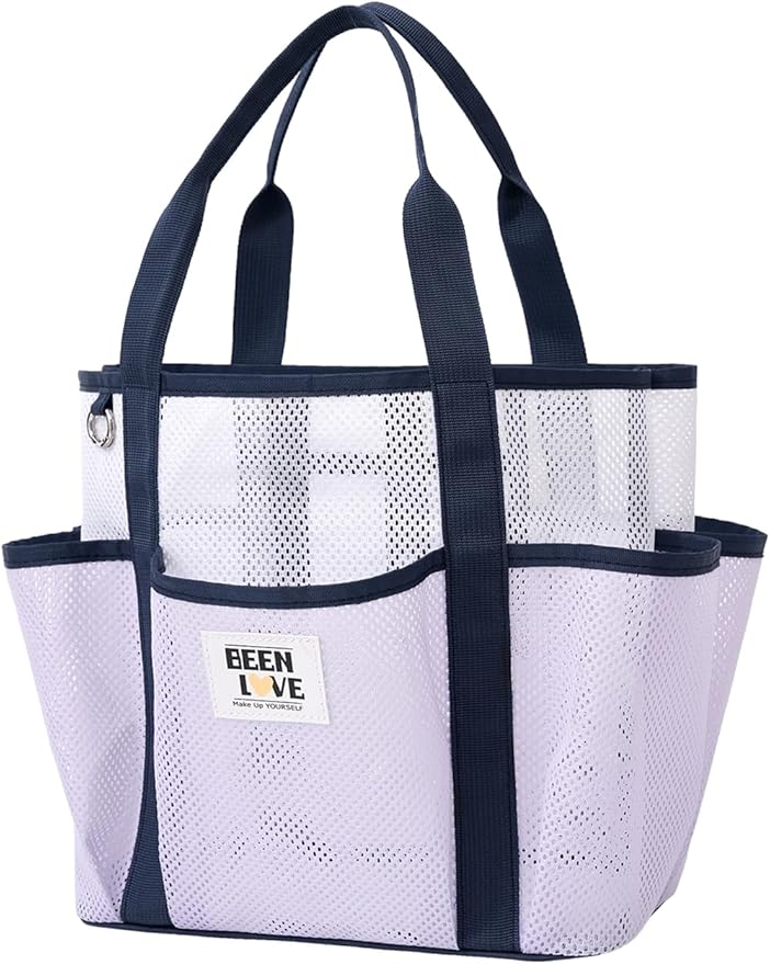 nemeki Mesh Beach Bag for Women Small Beach Tote Bag Sandproof Foldable Swim Pool Bag with 8 Pockets for Travel