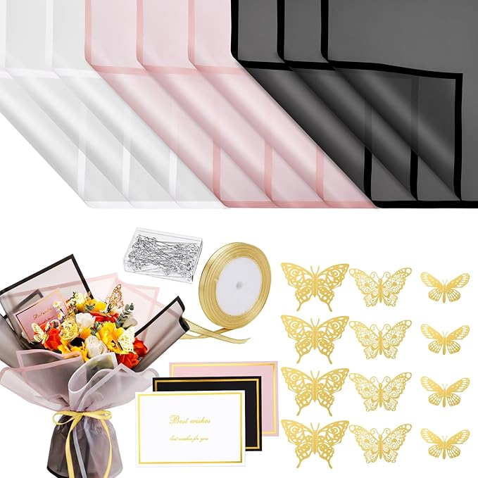93 Pcs Floral Bouquet Wrapping Paper Kits, 20 Sheets Waterproof Flower Wrapping Paper 10 Greeting Cards 12 Gold Butterfly ...