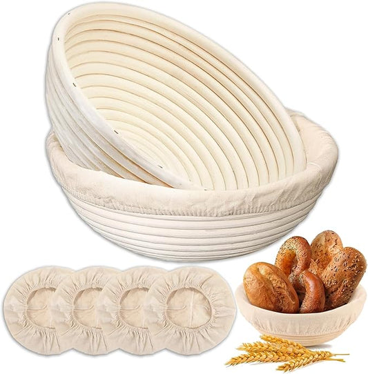 Banneton Bread Proofing Basket - Proofing Basket Set of 2 (9 inch Round) - Natural Rattan Banneton with 4 Linen Liners - B...