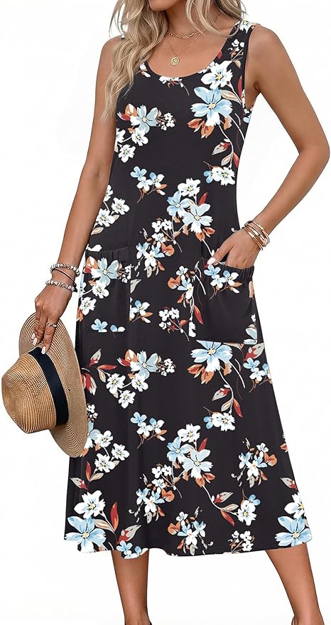Zeagoo Womens Summer Midi Dresses 2026 Casual Sleeveless Tank Sundresses A Line Crewneck Beach Vacation Dress with Pockets