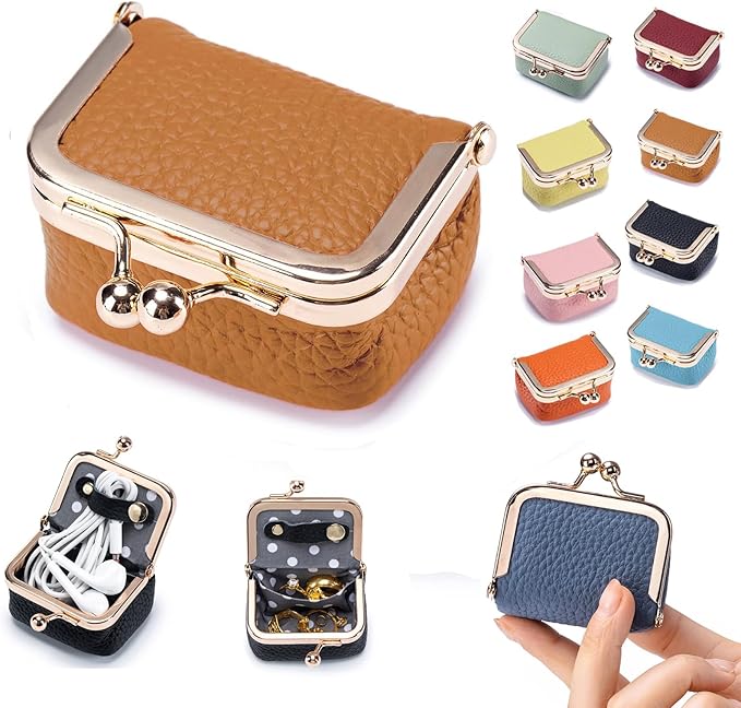KLESZZYD Genuine Leather Mini Jewelry Box & Coin Purse for Women, Travel Jewelry Case with Kiss Lock, Holds Earrings, Ring...