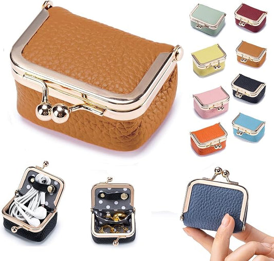 KLESZZYD Genuine Leather Mini Jewelry Box & Coin Purse for Women, Travel Jewelry Case with Kiss Lock, Holds Earrings, Ring...