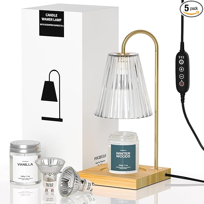 Candle Warmer Lamp with Timer & Dimmer Plus 2 Jar Scented Candles, Electric Candle Warmer Farmhouse Wood Base Wax Lamp wit...