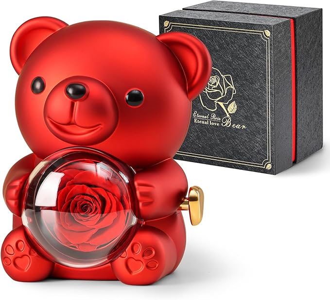 Cute Teddy Bear with Preserved Rose - A Real Rose Flower in Bear with Elegant Gift Box - Romantic Gift for Her in Mother's...