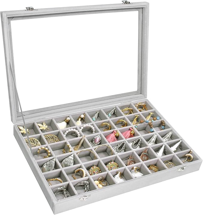 Siveit Velvet Jewelry Tray 48 Grid Jewelry Display Tray Organizer Box with Transparent Lid Rings Earrings Necklaces Pendan...