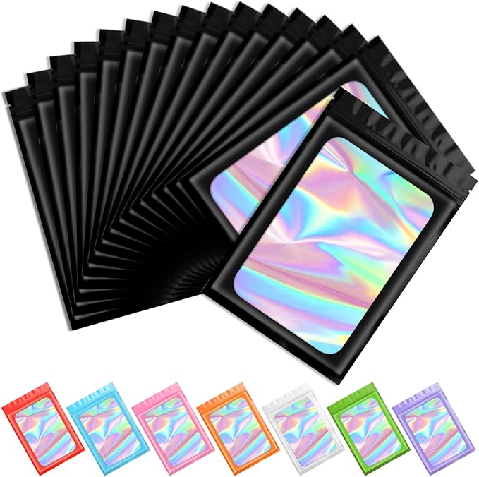 Funfery 100 pcs Black Mylar Holographic Bags Packaging Bags,Clear Resealable Bag Foil Pouch Bag for Food Storage and Lipgl...
