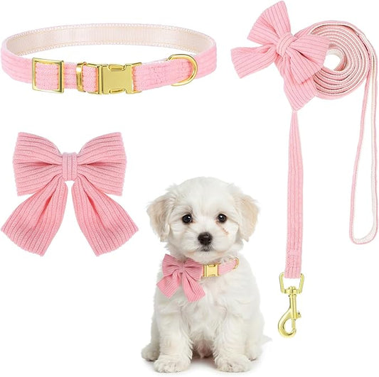 2pcs Dog Collar and Leash Set with Bowtie Cute Small Dog Collar Harness Leash Set Adjustable Breathable Soft Padded for Sm...