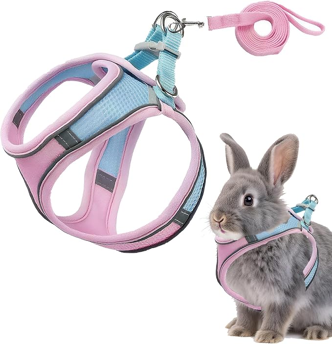 Rabbit Harness and Leash Set Escape Proof, Adjustable Soft Padded Vest, Breathable Mesh Bunny Harness with Reflective Stra...