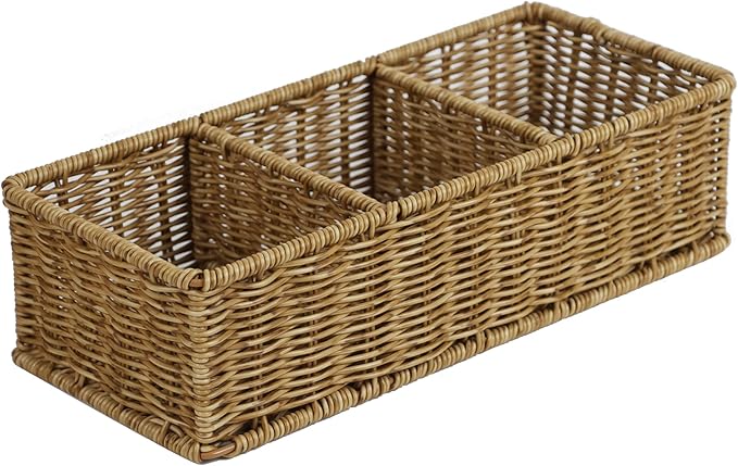 Waterproof Wicker Basket With 3 Compartments, Hand Woven Bathroom Counter Organizer, Small Storage Basket for Toilet Paper...