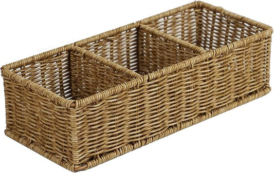 Waterproof Wicker Basket With 3 Compartments, Hand Woven Bathroom Counter Organizer, Small Storage Basket for Toilet Paper...