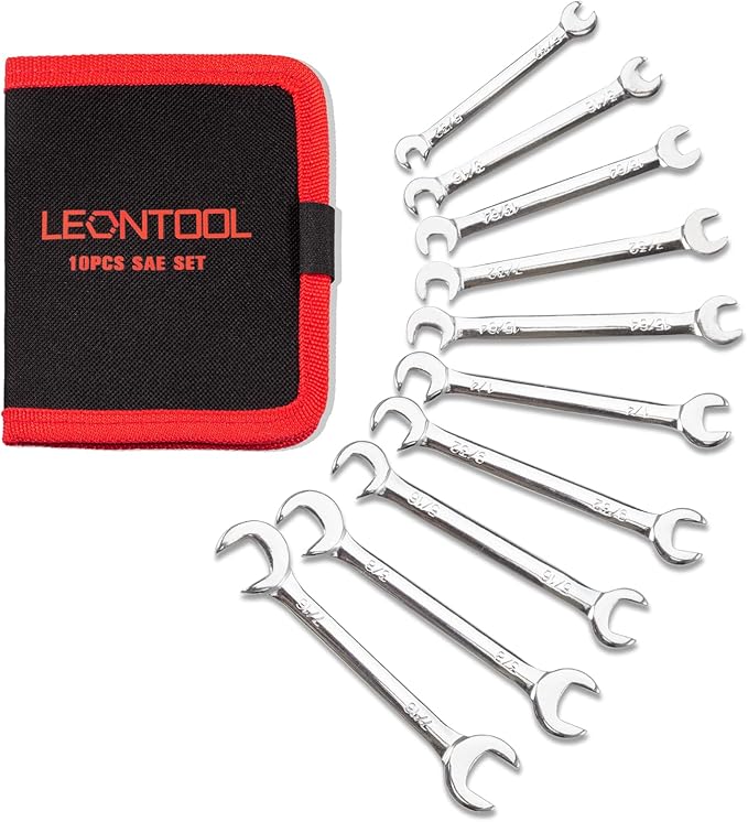 LEONTOOL Mini Double Open End Wrench Set SAE 10 Pcs 5/32" to 7/16" with Portable Storage Pouches Mirror Chrome Finish Supe...