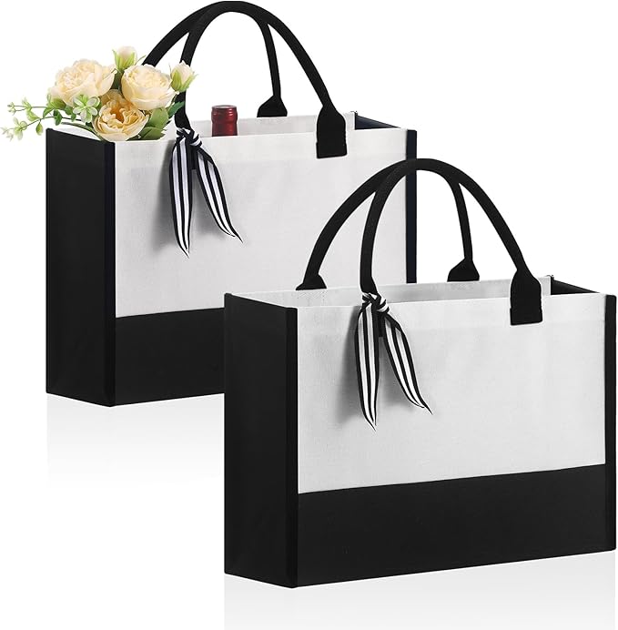 OKBA Personalized Classic Canvas Tote Bag(Black and White), for Wedding, Birthday, Beach, Perfect Gifts for Women