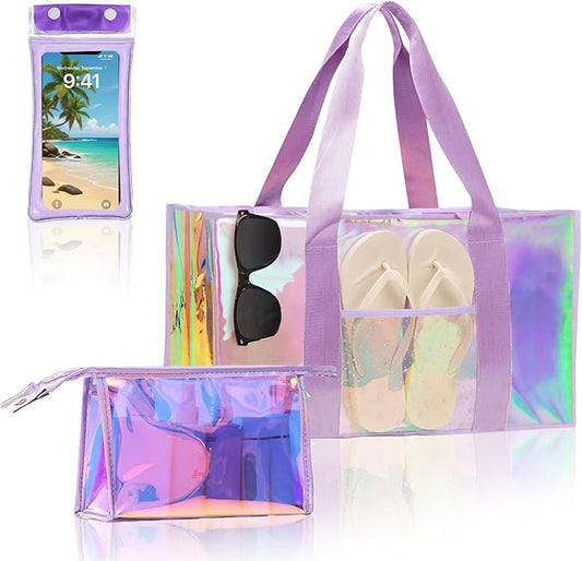 Cyrelwing 3PCS Iridescent Beach Tote Bag for Women Large Waterproof Beach Tote Bag for Swim Pool Summer Travel Vacation