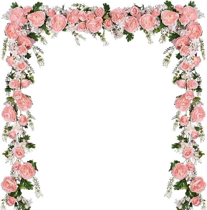 Artiflr 2 Pack Artificial Peony Garland Flowers, 12ft Floral Greenery Garland Rose Flower Vine with Pink Peony and Green L...
