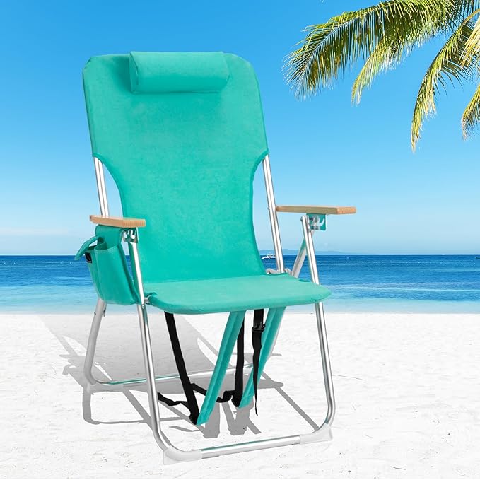 VINGLI 17" Tall Beach Chairs for Adults,Aluminum 4-Position Backpack Beach Chair with Wooden Armrests,Folding Lawn Chair f...