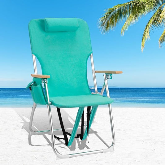 VINGLI 17" Tall Beach Chairs for Adults,Aluminum 4-Position Backpack Beach Chair with Wooden Armrests,Folding Lawn Chair f...