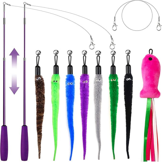 ZeyZoo Cat Toys for Indoor Cats, 11PCS Interactive Cat Toy Wand Pack, 2 Retractable Cat Wand & 7PCS Worm Teaser Refills, P...