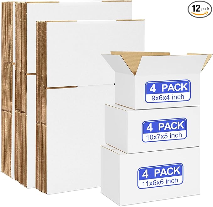 Eupako 12 Pack Small Shipping Boxes Assorted Sizes, White Corrugated Box Mailers, 9x6x4 & 10x7x5 & 11x6x6 4 PCS Each Small...