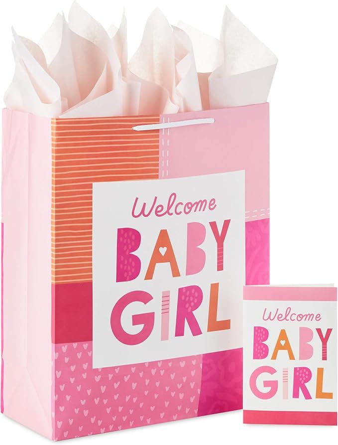Hallmark 15" Extra Large Gift Bag with Card and Tissue Paper for Baby Shower (Welcome Baby Girl, Pink and Orange) for New ...