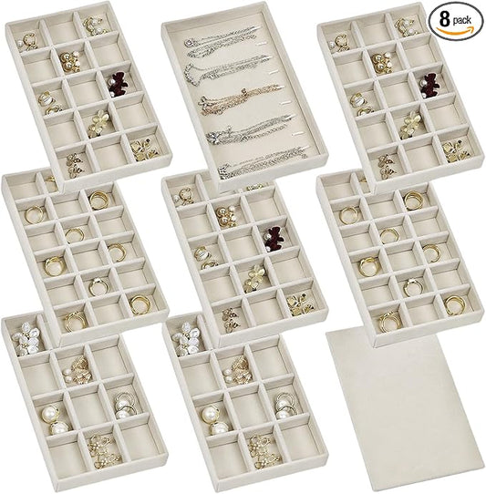 Set of 8 Stackable Jewelry Organizer Trays with 1 Lid for Drawer & Dresser Organizer, Adjustable Velvet Jewelry Box Tray E...