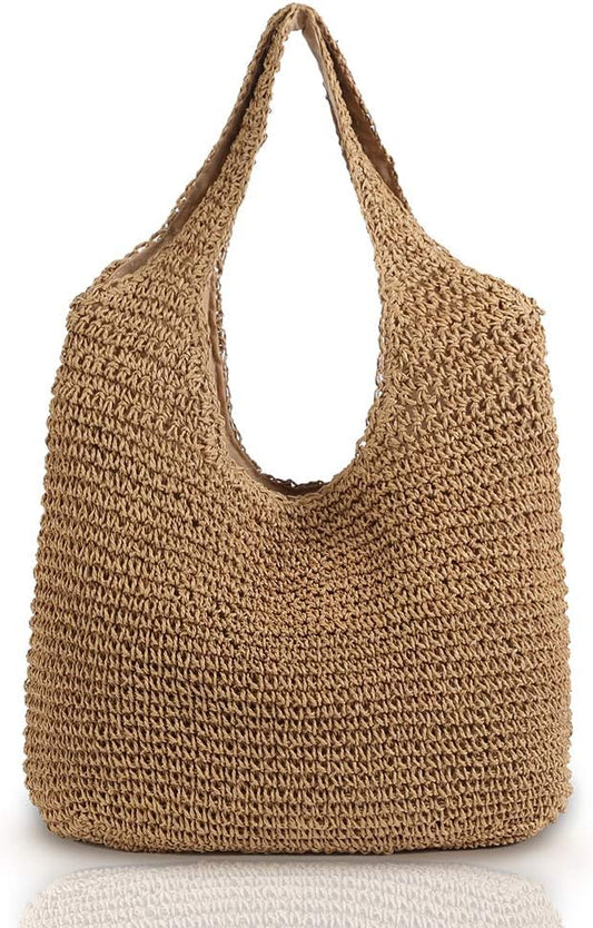 QTKJ Hand-woven Soft Large Straw Shoulder Bag Boho Straw Handle Tote Retro Summer Beach Bag Rattan Handbag