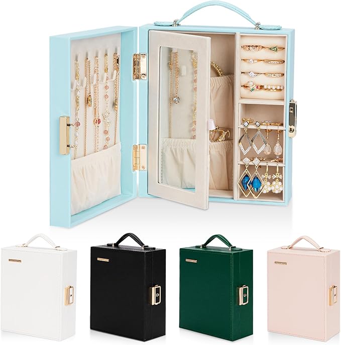 Enthralite Travel Jewelry Case, Essentials for vacation, Portable Bangle Box with Mirror, PU Leather Small Watch Organizer...
