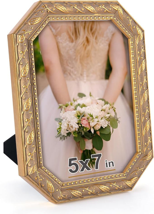HLiWEGNS Octagon 5x7 Vintage Matte Gold Picture Frame – Real Glass Front, Brushed Finish, Tabletop or Wall Display – Decor...
