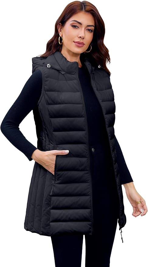 Long Puffer Vest for Women with Hood Lightweight Packable Sleeveless Vest for Spring, Fall & Winter