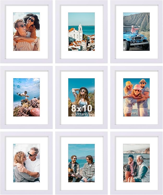 Vittanly 8x10 Picture Frames Set of 9, Shatter Resistant Plexiglass, Display 5x7 Pictures with Mat or 8x10 without Mat, Ph...