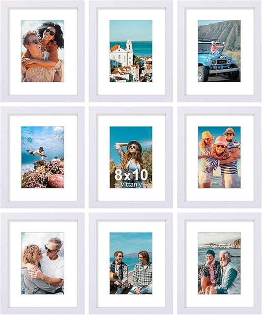 Vittanly 8x10 Picture Frames Set of 9, Shatter Resistant Plexiglass, Display 5x7 Pictures with Mat or 8x10 without Mat, Ph...