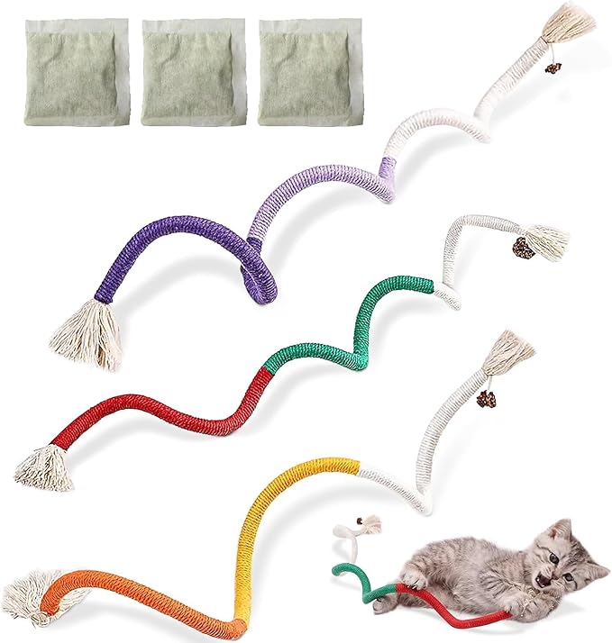 Letalong 3 PCS Cotton Rope Cat Toys with 3 Pack Catnip for Indoor Cats, Interactive Cat Rope Toys with Silvervine Fruit fo...