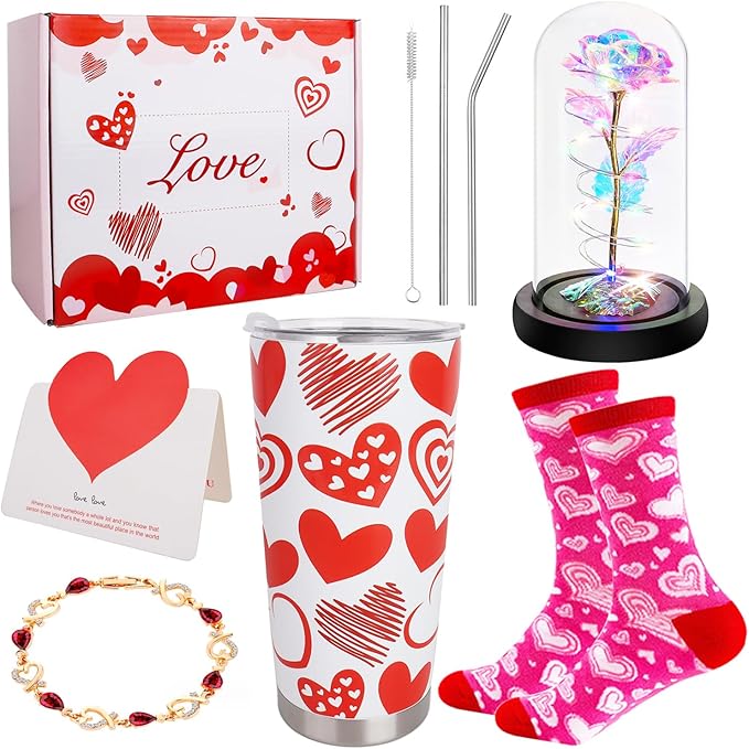 CAKKA Valentines Day Gifts for Her, 8 PCS Romantic Gift Set Includes 20 oz Tumbler with Lid Straw Brush Rose Flower Socks ...