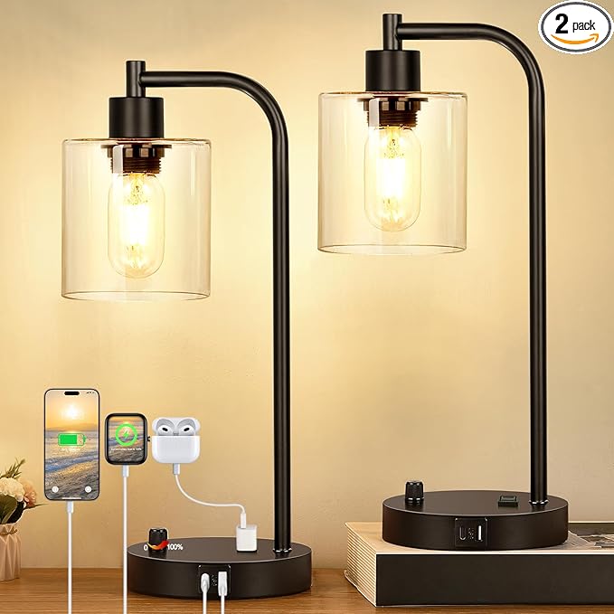 Set of 2 Industrial Table Lamps with USB C+A Ports and Outlet, Fully Stepless Dimmable Bedside Lamps for Bedrooms, Nightst...