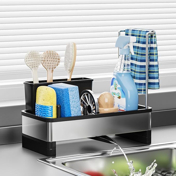 Ewaiira Stainless Steel Sink Caddy, Sponge Holder for Kitchen Sink with Brush Holder Dishcloth Rack, Rustproof sink Organi...