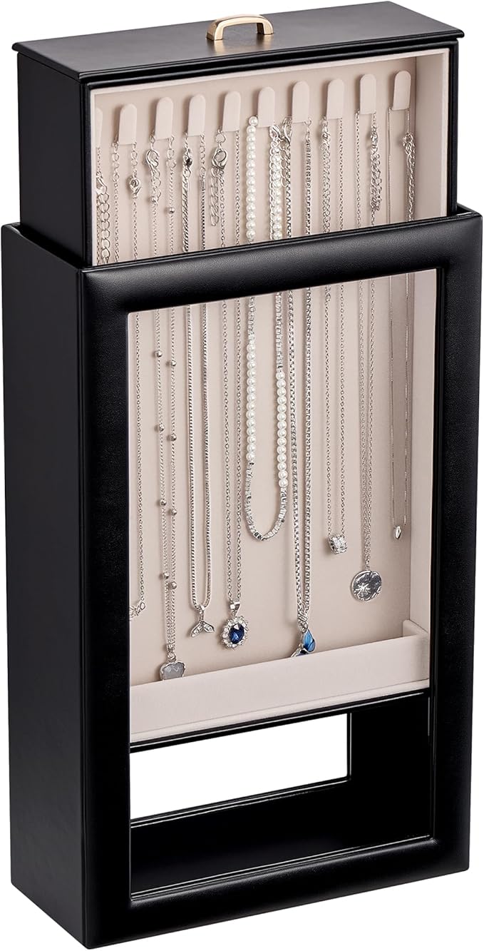 Lolalet Upgraded Double-Sided Hanging Necklace Organizer Box, Jewelry Display Case with Double-Sided Clear Window for Neck...