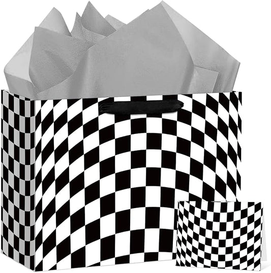 Hooqict Large Checkered Gift Bag Black and White Racing Car Gift Wrap Bag with Handles, Tissue Paper, Greeting Cards for K...
