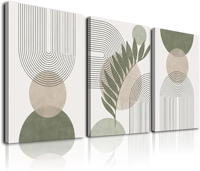 Sage Green Boho Wall Art Set of 3, Minimalist Framed Wall Art Geometric Line Leaf Sun Moon Beige Green Canvas Artwork Pain...