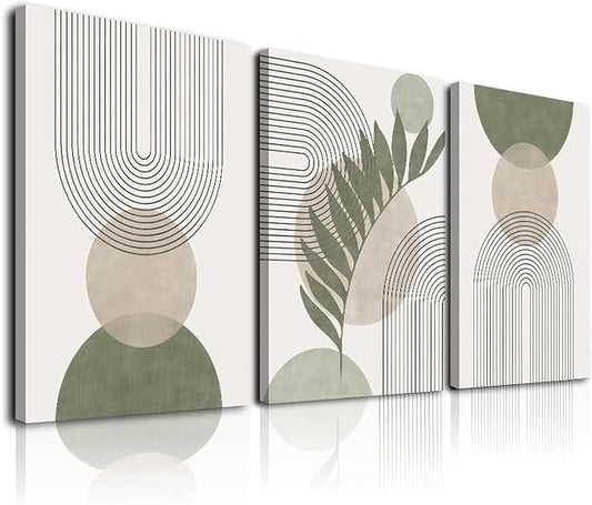 Sage Green Boho Wall Art Set of 3, Minimalist Framed Wall Art Geometric Line Leaf Sun Moon Beige Green Canvas Artwork Pain...