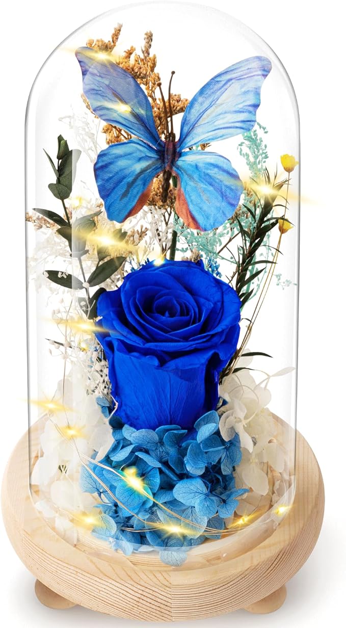 Forever Flowers Preserved Roses with Light in Glass Dome, Romantic Gifts for Mom Wife Girlfriend Grandma, Blue Flower for ...