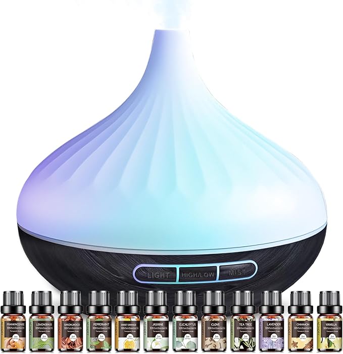 Aroma Diffuser & 12 Pcs Organic Essential Oils Set for Room, 500 ML Ultrasonic Diffuser for Home Cool Mist Humidifier with...