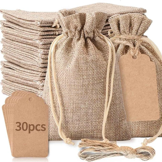 boboom 30Pcs 4 x 6 inch Burlap Gift Bags and 30Pcs Tags with Drawstring, Wedding Hessian Linen Sacks, Jewelry Pouches Burl...
