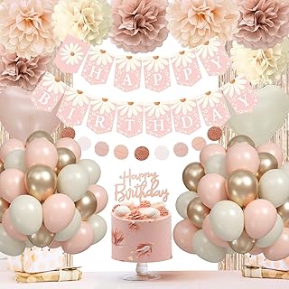 Blush Beige Birthday Decorations, Party Décor for Women, Boho Party Decorations, Daisy Flower Birthday Banner, Champagne F...