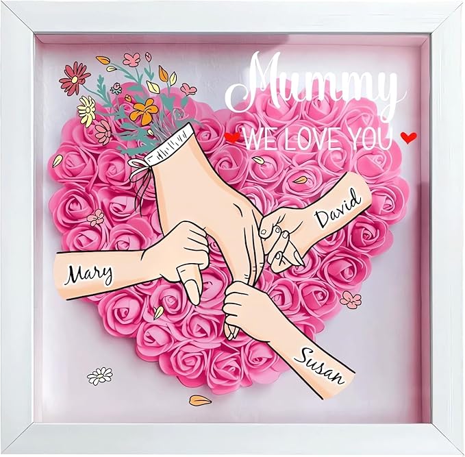 Personalized Mom Flower Shadow Box with Hands & Kids Names, - Customized Rose Frame Gift for Mom Grandma, Unique Mother's ...