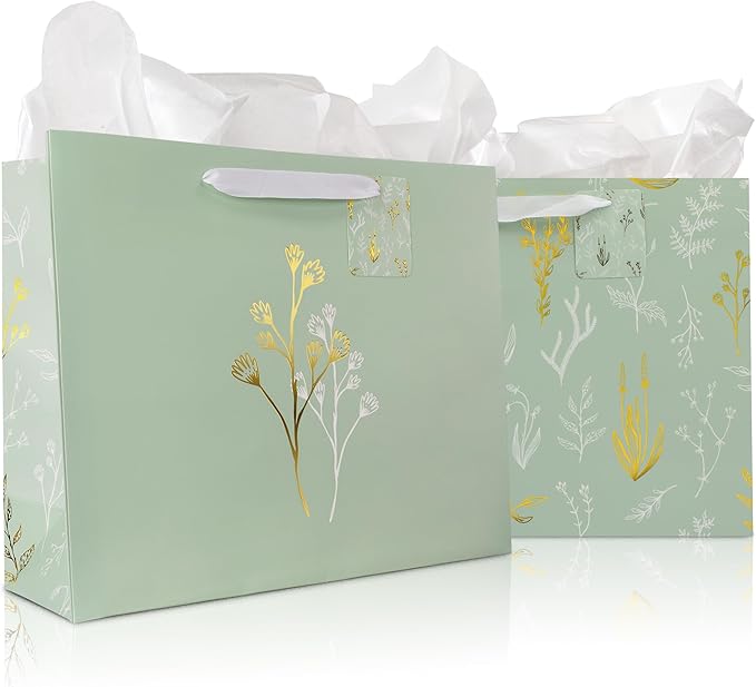 Beautiful Gift Bags Set of 2 - Large 13" Bags with Handles incl. Matching Tissue Paper, Cards & Stickers - Reusable and Pe...