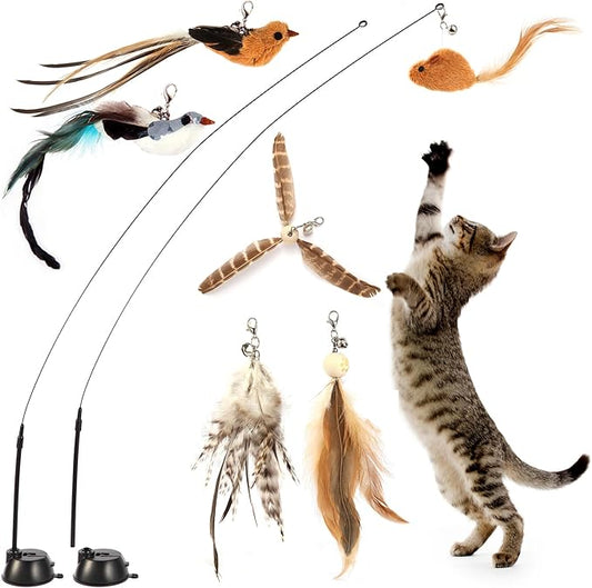 Maiguangta Interactive Bird Simulation Cat Toy Set,Cat Wand Toys,Wand Self-Holding Suction Cups Base,Include Detachable 6 ...