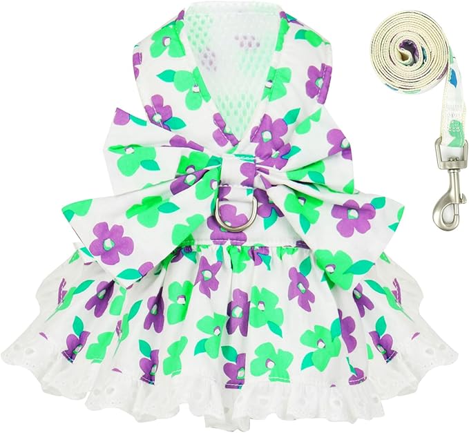 ABRRLO Dog Harness Dress Leash Set for Small Dog Summer Clothes Girl Female Puppy Cats Outfits Cute Floral Bowknot Princes...