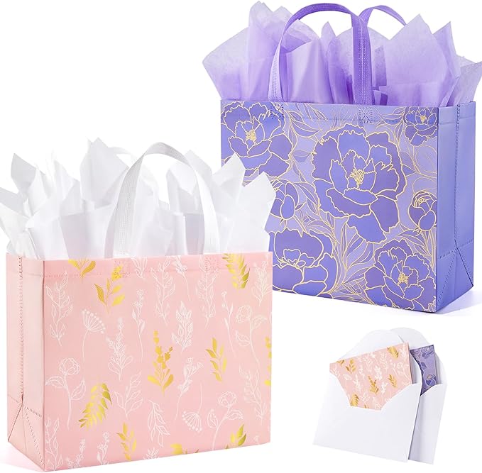 YANGTE 2 Pack 13" Large Beautiful Gift Bags Set with Greeting Card and Tissue Paper, Reusable Non-Woven Gift Wrap Bags wit...