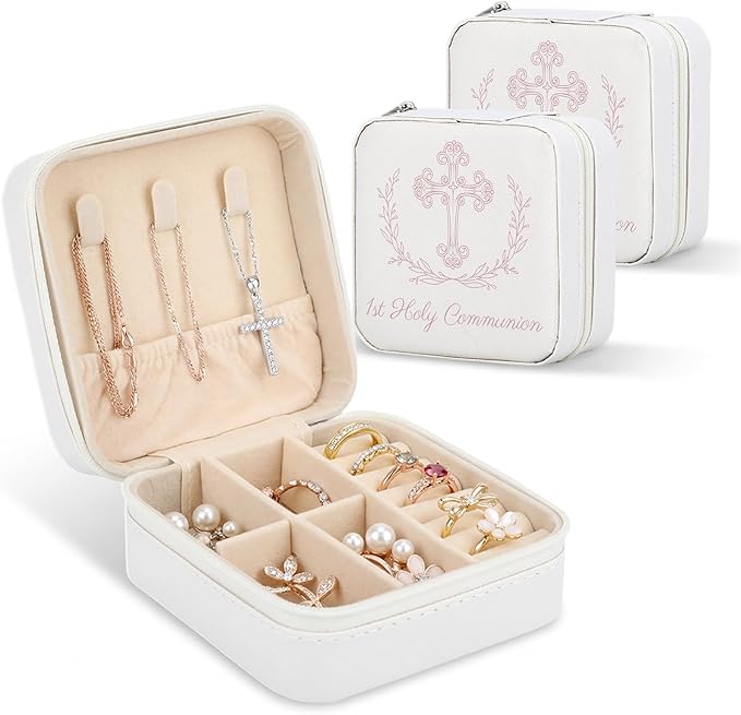 2PCS First Communion Gifts Travel Jewelry Box, 3.94x3.94x1.97 in White PU Leather Case, Religious Cross Flower Jewelry Cas...